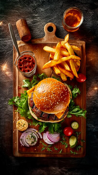 Hamburger et frites servit sur planche en bois