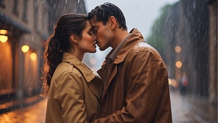 couple kissing under the rain 