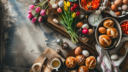 Easter Brunch Table Flat Lay with Decorated Eggs and Tulips