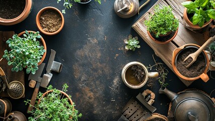 Indoor Gardening Flat Lay with Plants and Herbal Tea