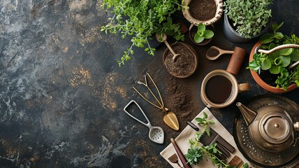 Indoor Gardening Flat Lay with Plants and Herbal Tea - obrazy, fototapety, plakaty