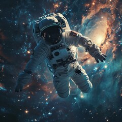 Fototapeta premium Ethereal Journey: Astronaut Floating in the Vastness of the Cosmic Galaxy - Space Adventure and Celestial Exploration. Generative AI