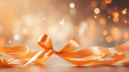 Abstract background with confetti on orange ribbons on golden light backdrop