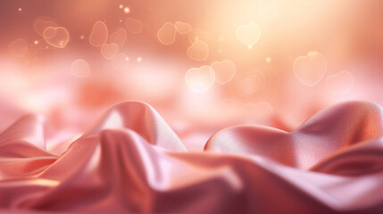 Beautiful golden Valentine's day background with soft pastel pink silk and heart shape bokeh - obrazy, fototapety, plakaty