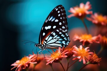 A close-up of a colorful butterfly delicately resting on a blooming flower in spring.