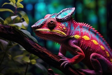 Fototapeta premium A close-up of a colorful chameleon blending into a vibrant rainforest environment.
