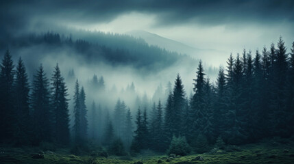 Foggy morning in the mountains. Toned.