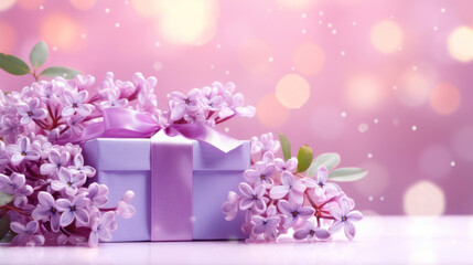 Fototapeta na wymiar Gift box with lilac flowers on pink table and bokeh background