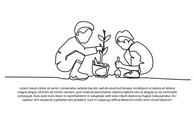 Continuous line design of child is planting plants. Single line decorative elements drawn on a white background.