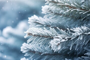 Christmas and winter background detail fir tree with ice and snow.