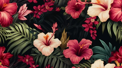 Schilderijen op glas exotic flowers and lush foliage seamless pattern © ginstudio