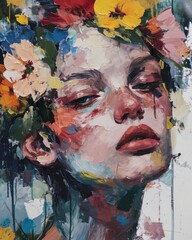Captivating Digital Portrait: Feminine Beauty Amidst Floral Splendor | Abstract Fine Art Painting Depicting a Female Face Blossoming in Colorful Flowers. Generative AI
