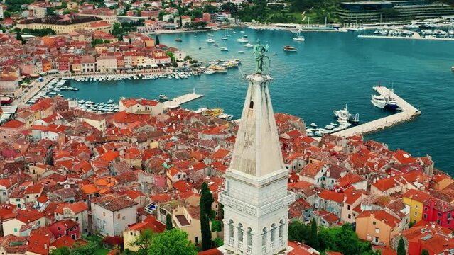 Flight over beautiful Rovinj . Aerial panorama of the old town of Rovinj, Istria, Croatia.