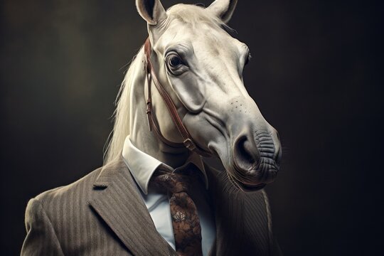 Anthropomorphized funny animals wearing clothes - horse portrait.