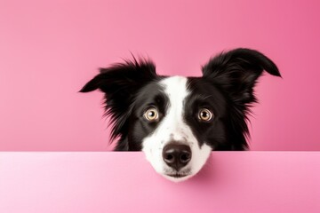 Border Collie peeking over a bright background.