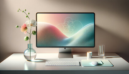 Serene desktop with frameless monitor, minimalist design, and abstract wallpaper.