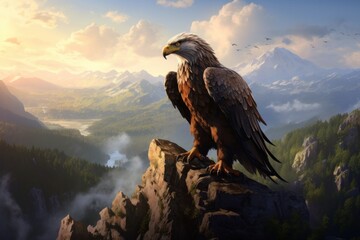 Majestic eagle perched on a cliff overlooking a vast landscape.