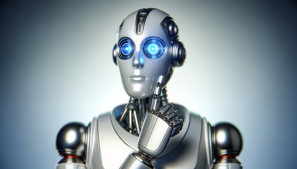 Fototapeta premium Sleek, contemplative humanoid robot with blue LED eyes in polished silver finish.