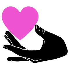 Human hand holding pink heart symbol. Romantic Valentine day design. 