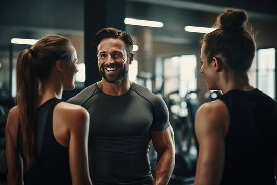 Fitness trainer motivating clients at a gym.