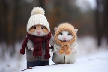 Funny cute animals wearing winter hats.
