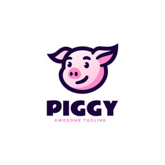 Vector Logo Illustration Piggy Simple Mascot Style.