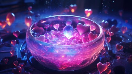 Twinkling stars and hearts float out from the cauldron, as the love potion bubbles and comes to life with an otherworldly energy. - obrazy, fototapety, plakaty