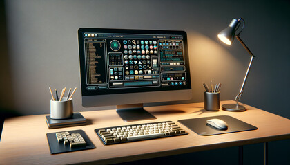Sleek, modern workspace with retro-inspired NLP interface on computer monitor. - obrazy, fototapety, plakaty