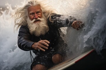 An elderly man with a long white beard and hair is surfing a wave, wearing a black wetsuit.