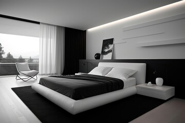 Sleek minimalist bedroom with a monochrome color scheme.