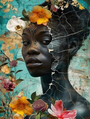 Visions Unveiled: Captivating Surrealistic Cracked Artpiece of an African Female Face – A Digital Abstract Portrait Reflecting Innovation, Futurism, and Abstract Creativity. Generative AI