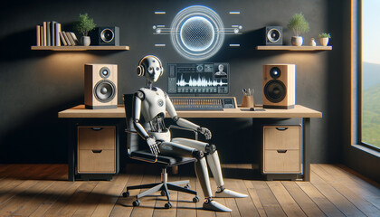 Contemporary robot fine-tuning music composition in sleek home studio with AI technology. - obrazy, fototapety, plakaty