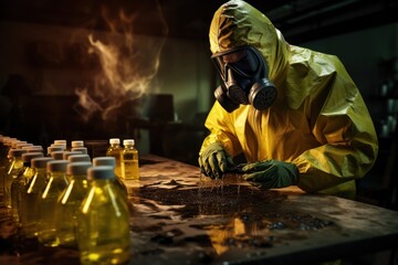 Person in protective suit works with toxic substances.
