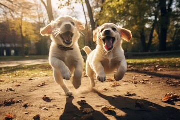 Playful puppies in a park, capturing the joy and innocence of animals.