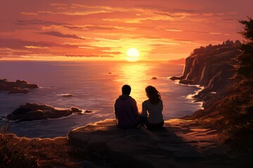 Romantic couple watching sunset over the ocean. - obrazy, fototapety, plakaty