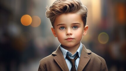 A young boy in a suit and tie. Generative AI. - obrazy, fototapety, plakaty