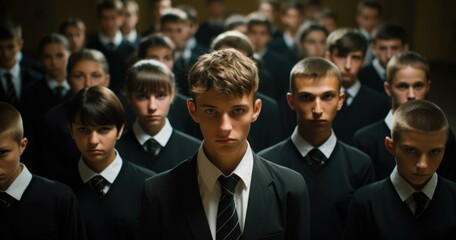 A group of young men in suits and ties. Generative AI.