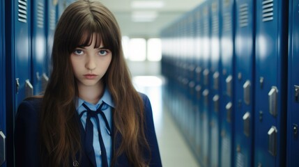 A girl in a school uniform standing in front of blue lockers. Generative AI.