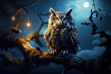Wise old owl perched on a branch in the moonlight.
