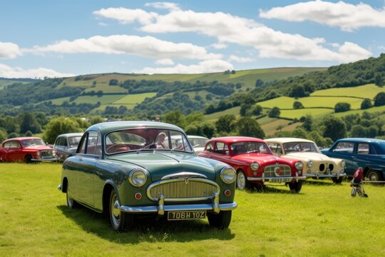Fototapeta Vintage car rally in a picturesque countryside setting.