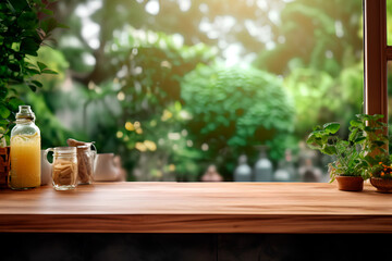 Focused wood desk counter in a cozy kitchen, with a view of a green garden through the window, creating a warm and inviting food and drink background.





