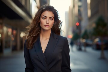Fototapeta premium Young professional woman in a sleek suit, walking confidently in a city.