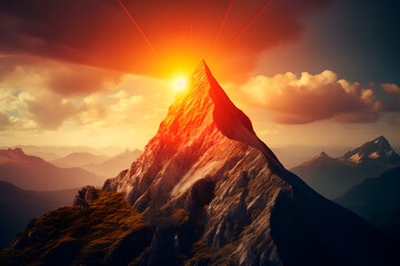Fototapeta premium Ascending to success: Depicting a person climbing a slope toward a mountain peak, illustrating the concepts of setting goals, human performance limits, growth mindset, and motivation.