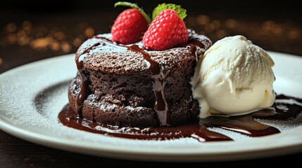 "A close-up of a gooey, indulgent chocolate lava cake oozing with molten goodness, promising a decadent chocolate experience."