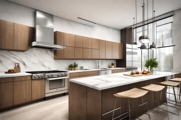 A modern kitchen with stainless steel appliances and a marble countertop