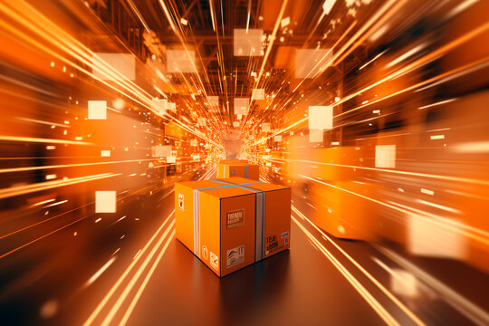 Futuristic logistics: Parcel cardboard box in hyper loops route, symbolizing digital transformation and advanced business management concepts.





