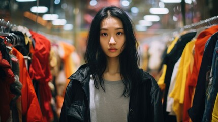A young woman trying on clothes in a shopping mall. Generative AI.