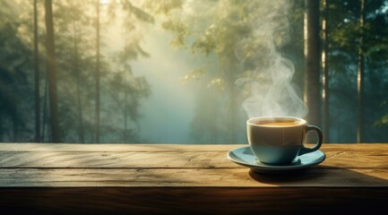 A steaming coffee cup sits on a wooden table amidst a sunlit forest. Generative AI. - Powered by Adobe