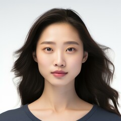 Obraz premium An asian woman with long hair and a blue shirt. Generative AI.
