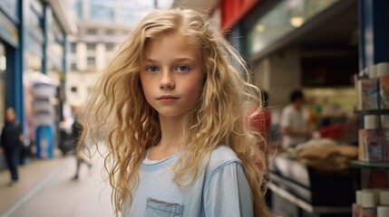 Obraz premium A young girl with long blonde hair standing in a city. Generative AI.